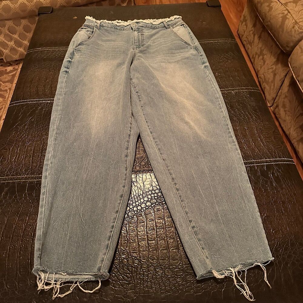 Anne Klein Jeans Barrell Trouser Fringe Waist Distressed Bottom TAG SIZE 10